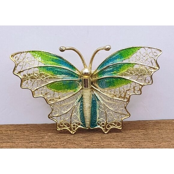 Vintage 800 Gold Vermeil Filigree & Green Blue Enamel Butterfly Brooch - Picture 1 of 5